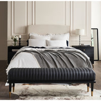 black leather bench channel stitching metal legs brass finish