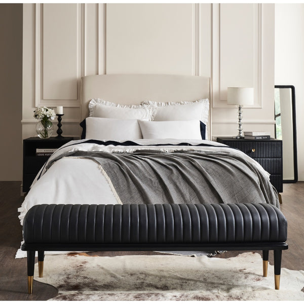 black leather bench channel stitching metal legs brass finish