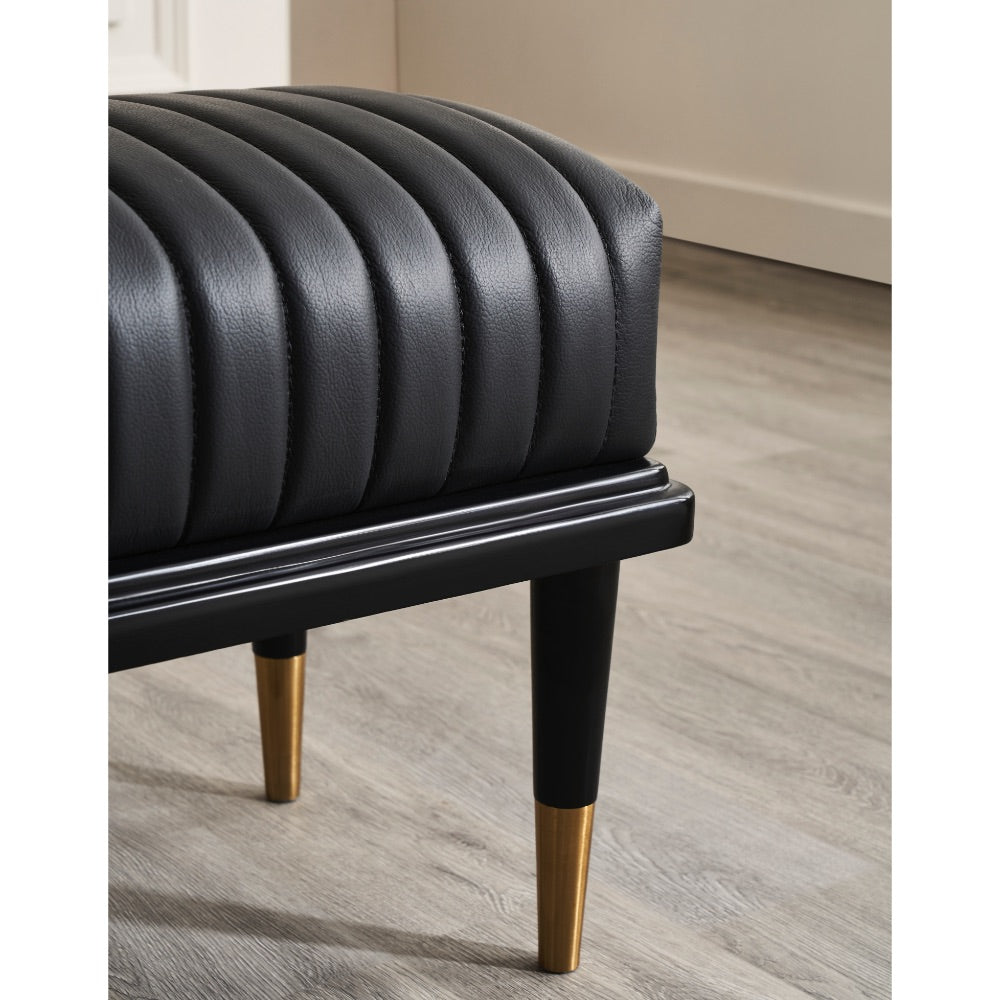 black leather bench channel stitching metal legs brass finish