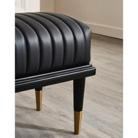 black leather bench channel stitching metal legs brass finish