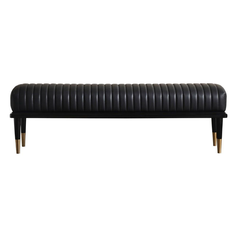 black leather bench channel stitching metal legs brass finish