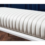 white leather bench channel stitching metal legs brass finish