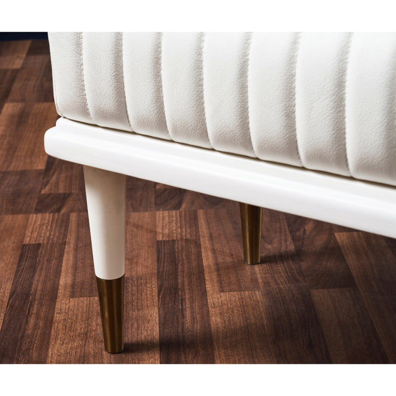 white leather bench channel stitching metal legs brass finish