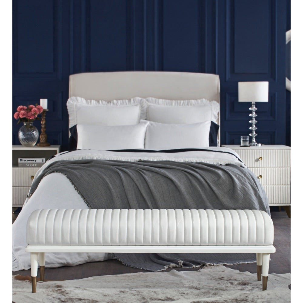 white leather bench channel stitching metal legs brass finish
