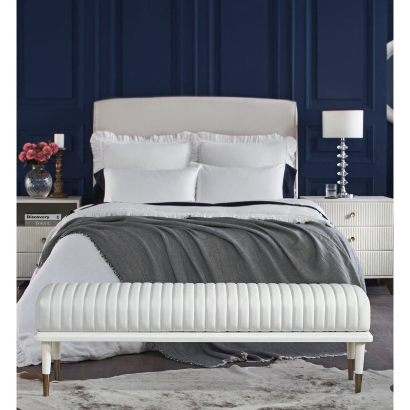 white leather bench channel stitching metal legs brass finish