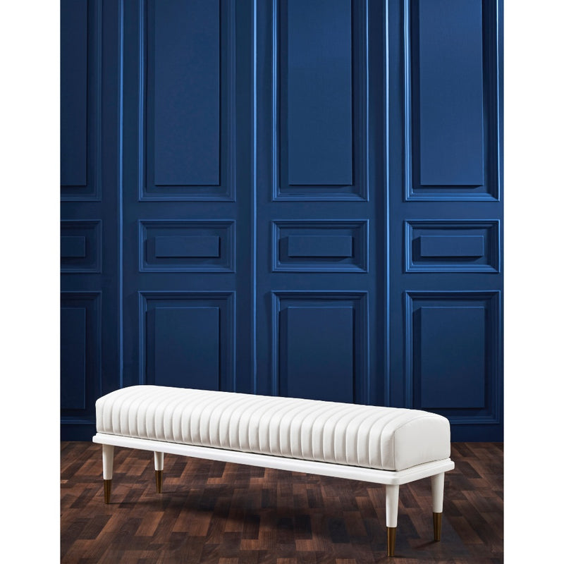 white leather bench channel stitching metal legs brass finish