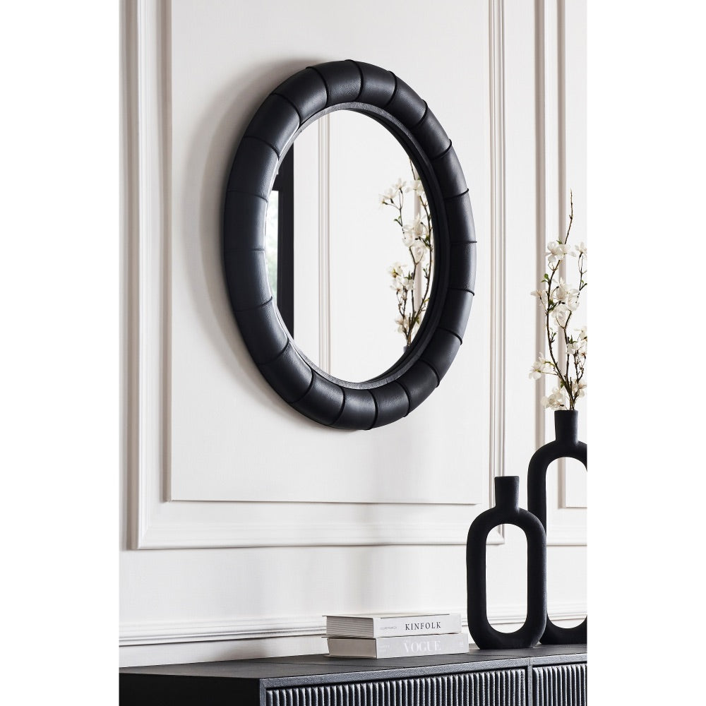 round wall mirror black leather frame