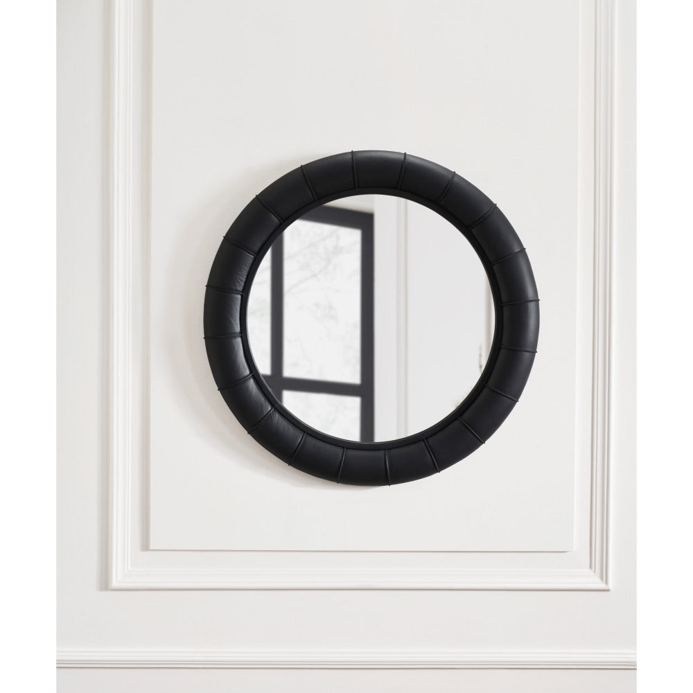 round wall mirror black leather frame
