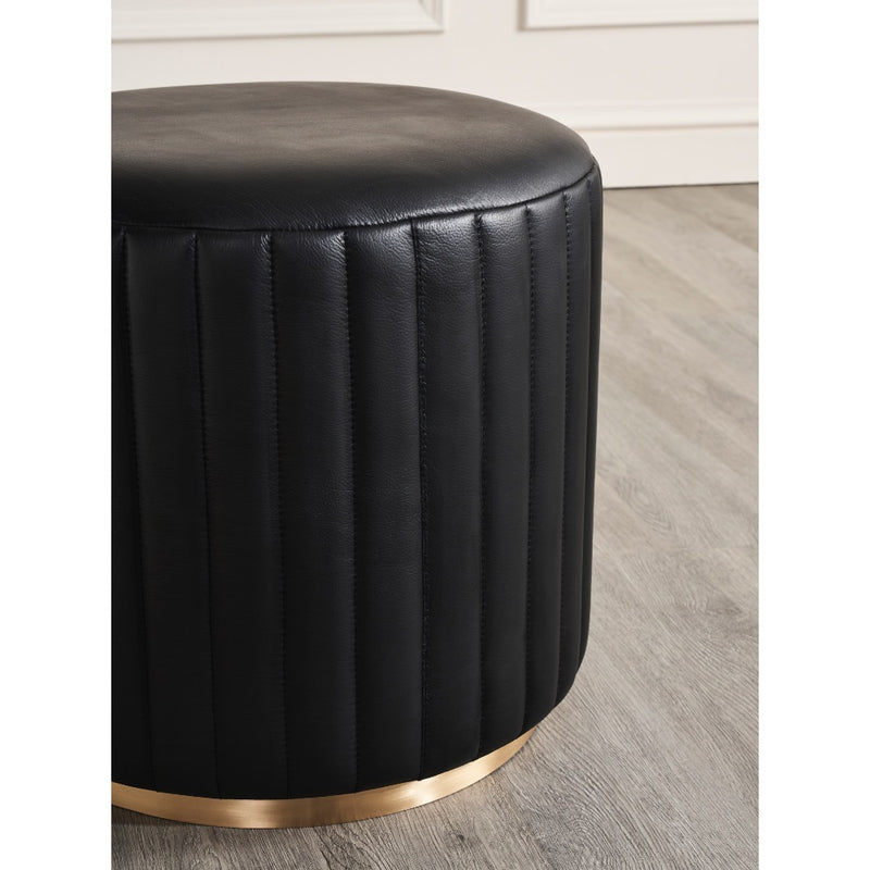 round black leather chanel stitched upholstered ottoman brass rim