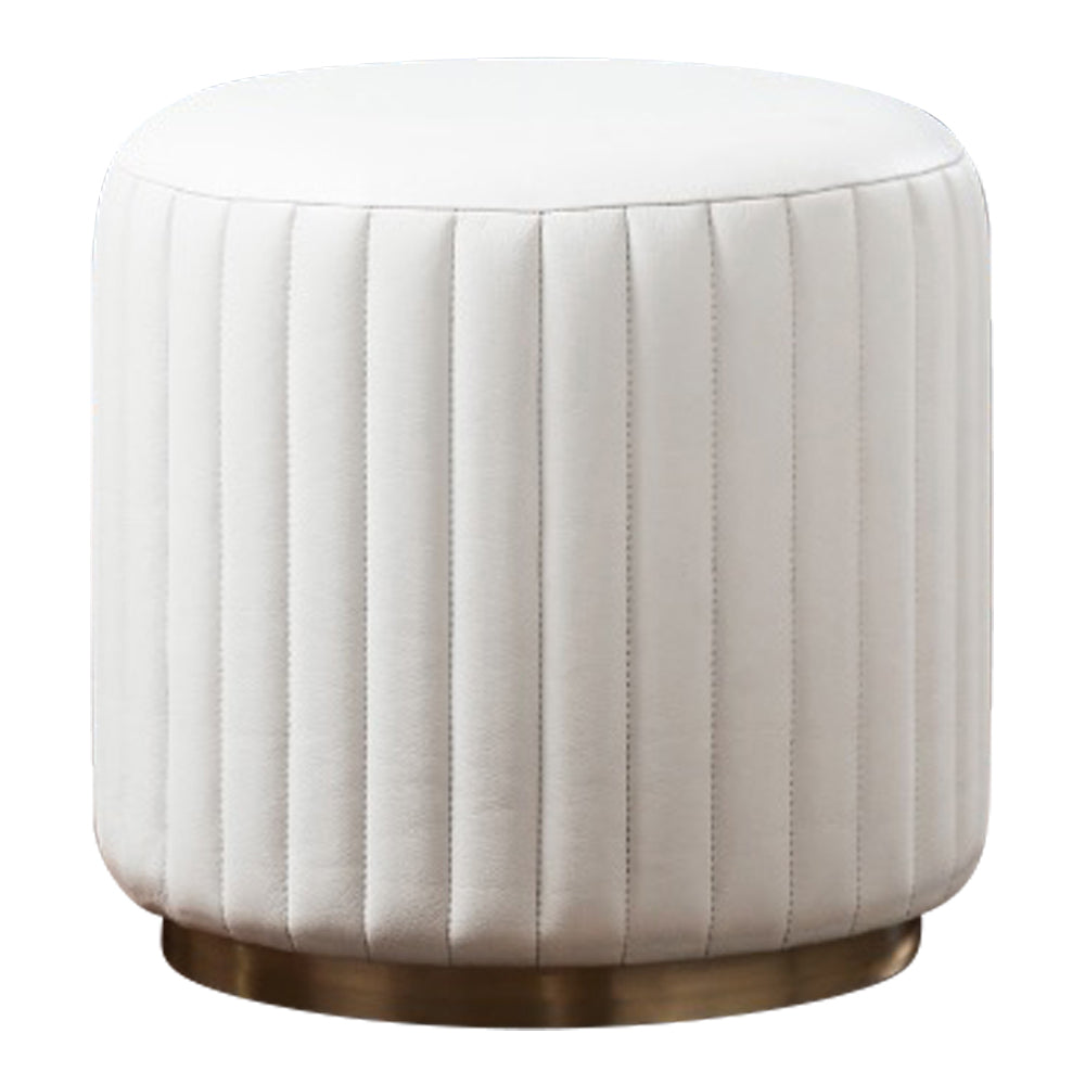 round white leather chanel stitched upholstered ottoman brass rim