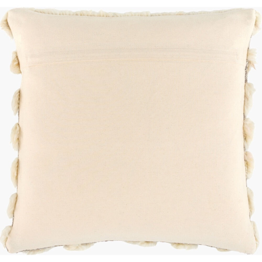 Surya Glacen Wool Pillow: ivory, plain back, fuzzy pom-pom trim; insert sold separately.