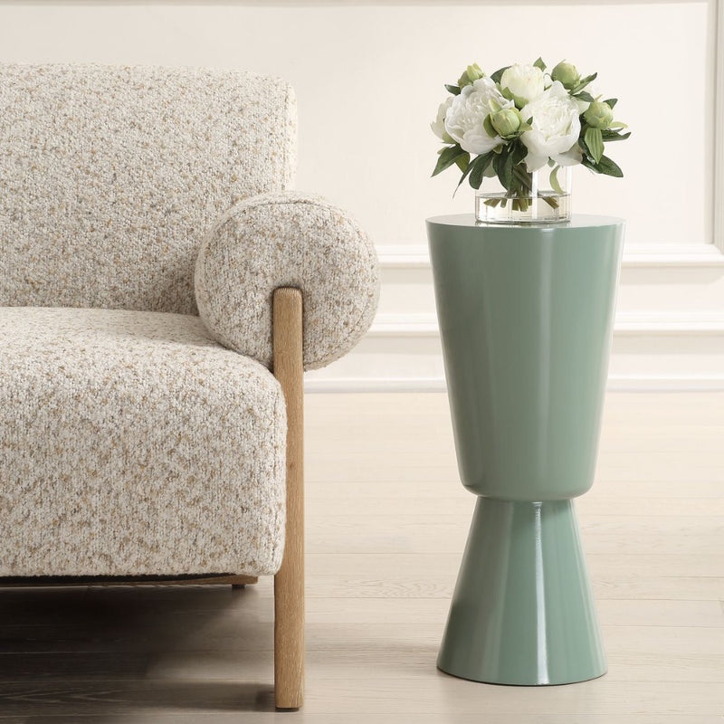 modern accent drink table glossy seafoam green lacquer round drum-like