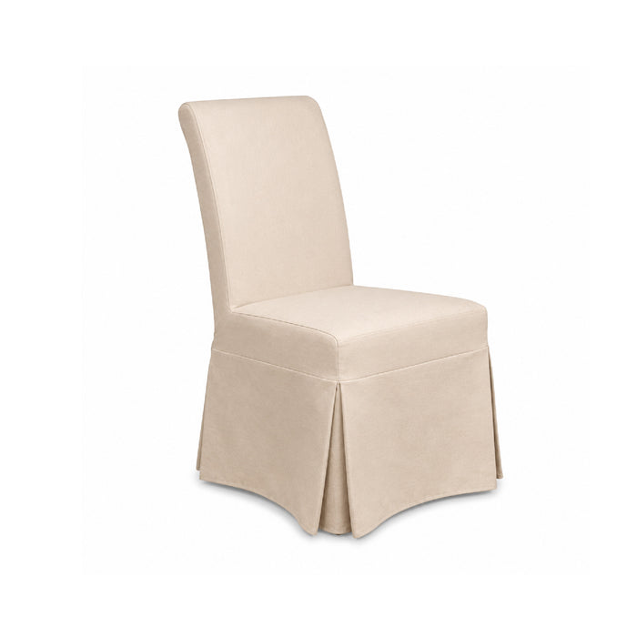 Sarreid, Ltd. Sailcloth Draped Side Dining Chairs (set of 2) feature high backs and skirted bases in beige sailcloth.