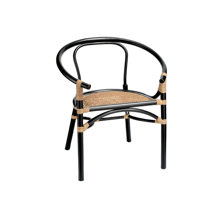 The Jamie Young Saltwater Black + Rattan Armchair features a curved back, ideal for elevating any modern dining area.