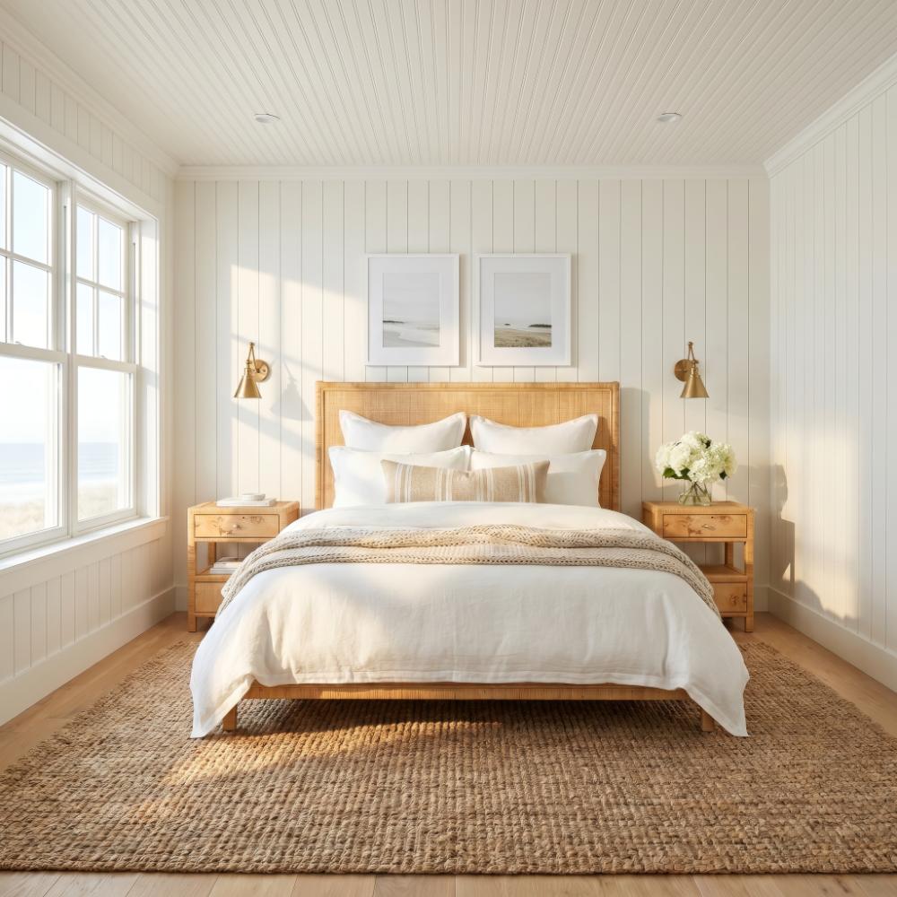 Bright bedroom with white walls, Kenian Valencia Cane + Rattan Queen Headboard bed, sunlight streaming through windows.
