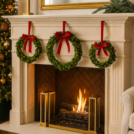 Three Napa Home & Garden Hanging Boxwood Wreaths (set of 3) with red bows hang above a lit fire, near a Christmas tree.