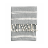 Creative Co-Op Gray + White Woven Cotton Throw with fringed edges, lightweight and neatly folded on a white background.