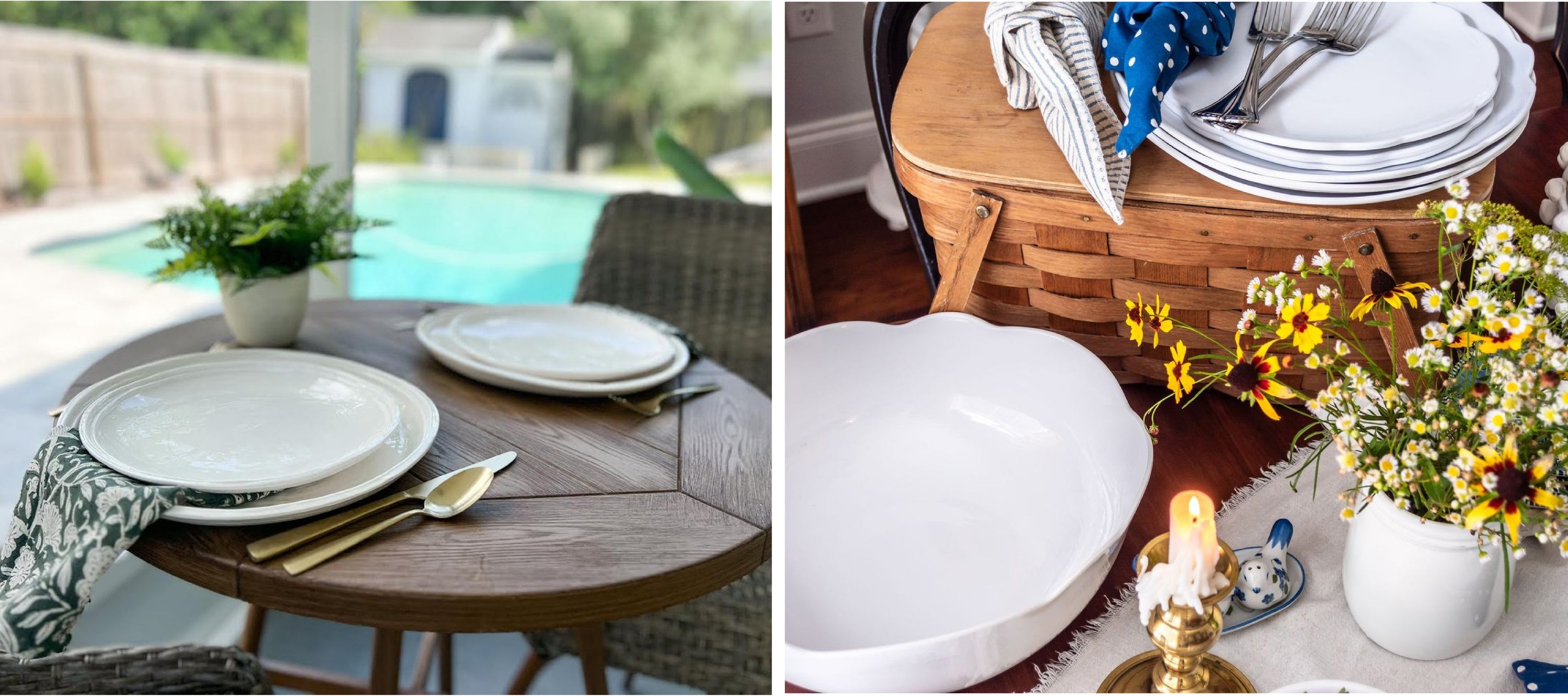 Left image: Outdoor table with white plates, gold cutlery, and potted plants by a pool. Right image: Picnic setup with plates and flowers.