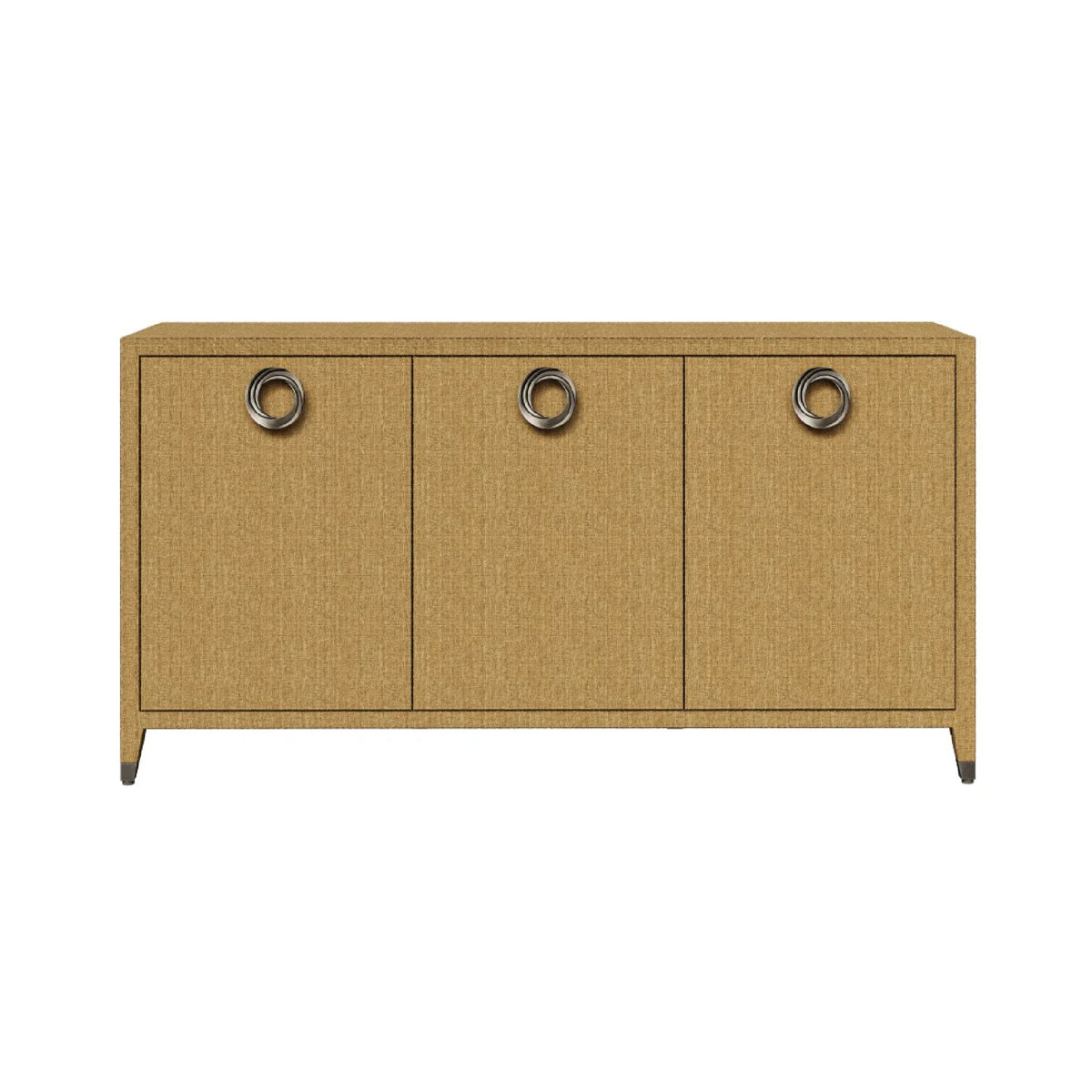 The Sloan Desert Cupboard by Phillips Scott features three doors and round brass hardware for stylish, modern storage.