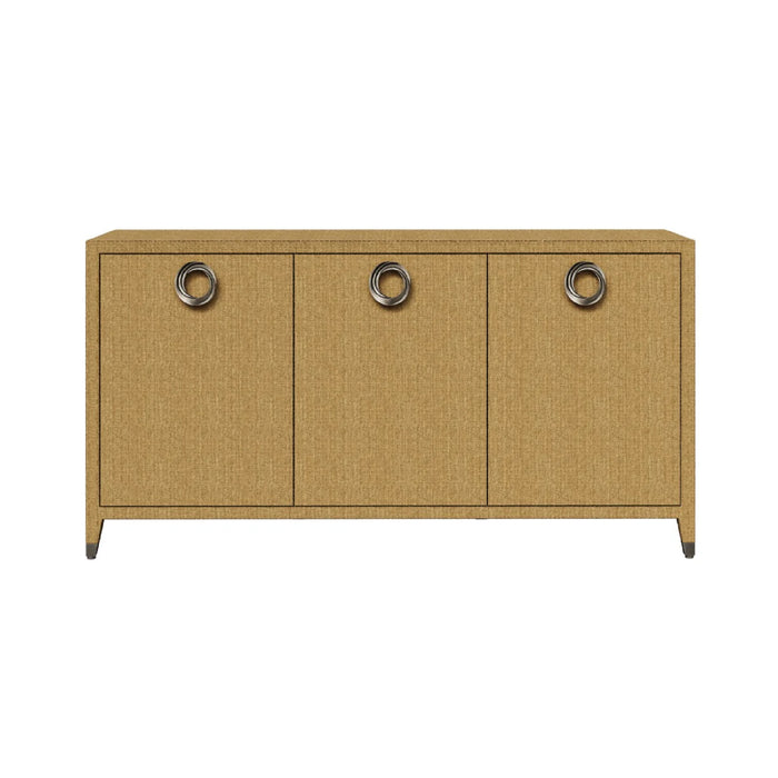 The Sloan Desert Cupboard by Phillips Scott features three doors and round brass hardware for stylish, modern storage.
