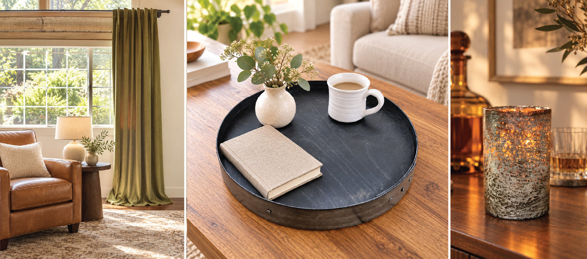 A collage showing a living room with a leather chair, a coffee table with a tray, and a decorative glass candle holder.