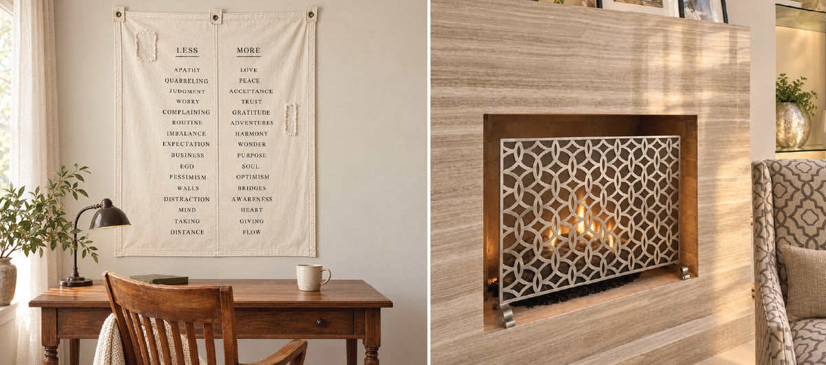 A desk with a “Less/More” sign on the wall next to a fireplace with a decorative metal screen.