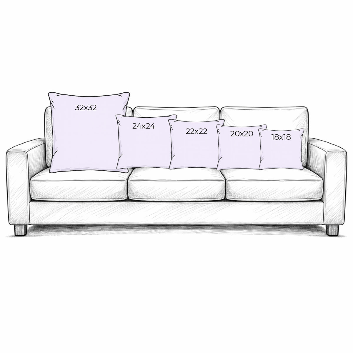 Illustration of a white sofa with decorative pillows of different sizes.