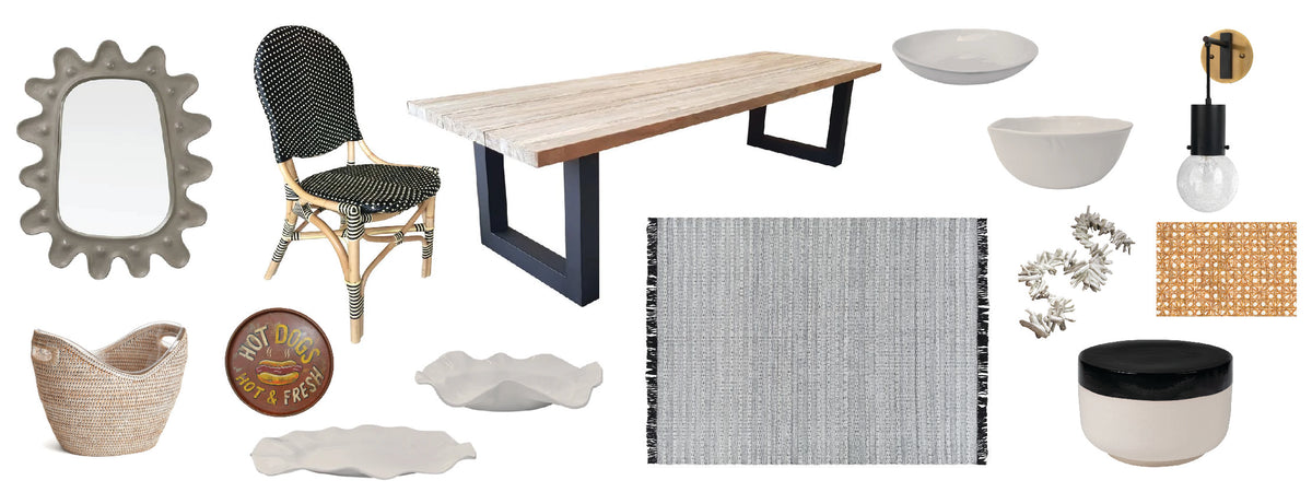 A collage featuring home decor items: a table, chair, dishes, rug, mirror, wall sconce, basket, and decorative pieces.
