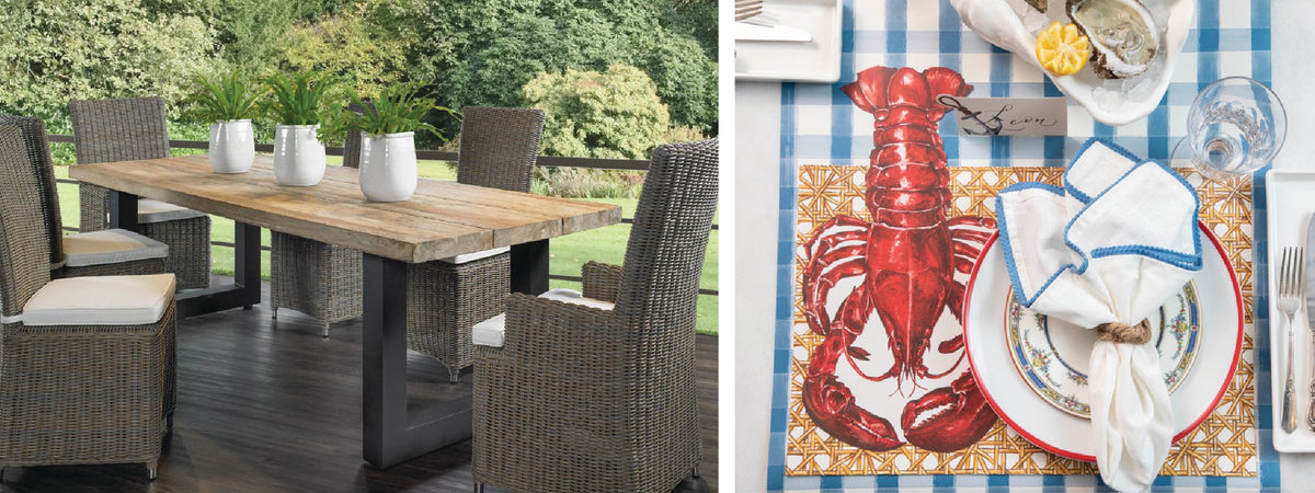Outdoor dining area with wicker chairs and wooden table; lobster-themed place setting on checkered tablecloth.