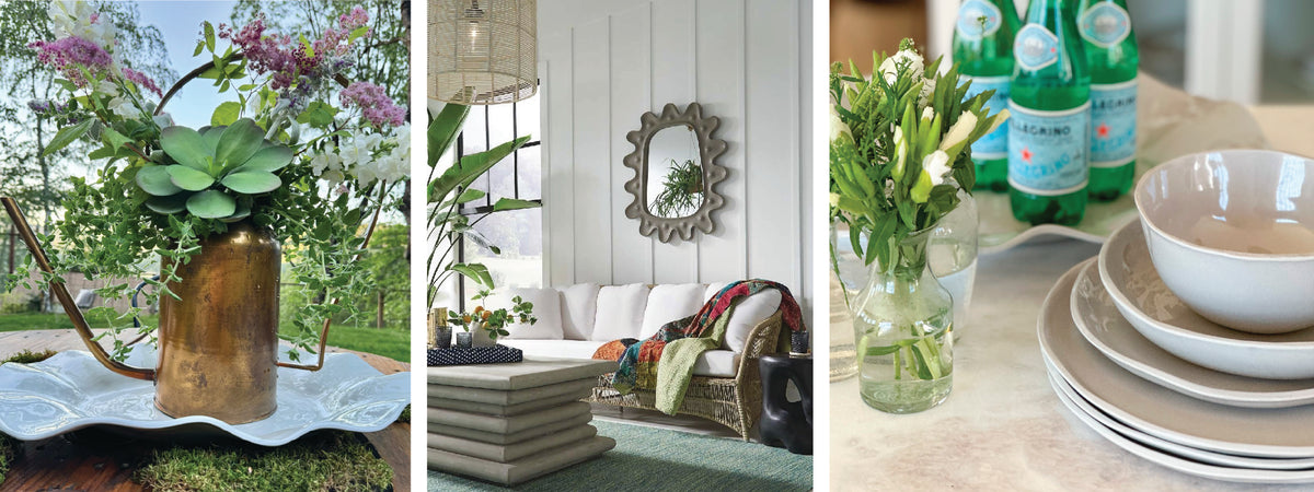 Three images: a vase of flowers, a cozy living room with green accents, and a table setting with bottles and plates.