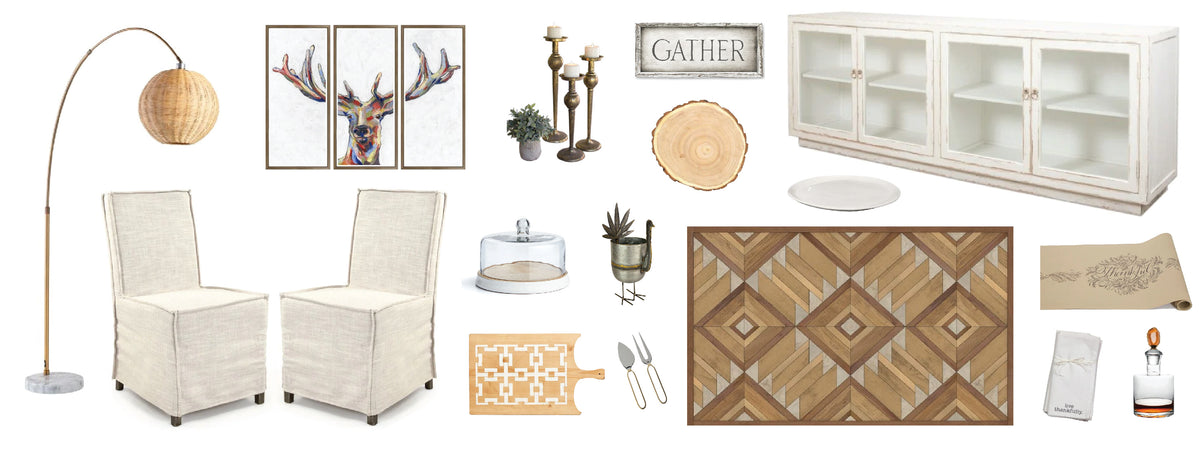 A collage of home decor items including chairs, tables, artwork, and various decorative pieces.