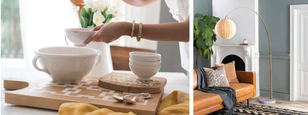 A person pours honey into a bowl in a kitchen; cozy living room with a sofa, lantern floor lamp, and mantelpiece.