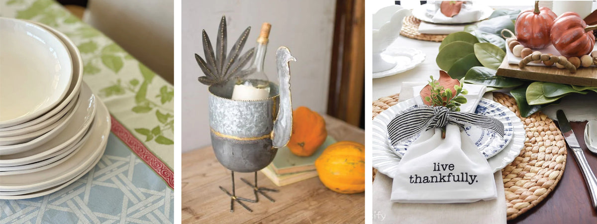Three-panel image: stacked white plates, a metal chicken candleholder with gourds, and a 'live thankfully' napkin on a table setting.
