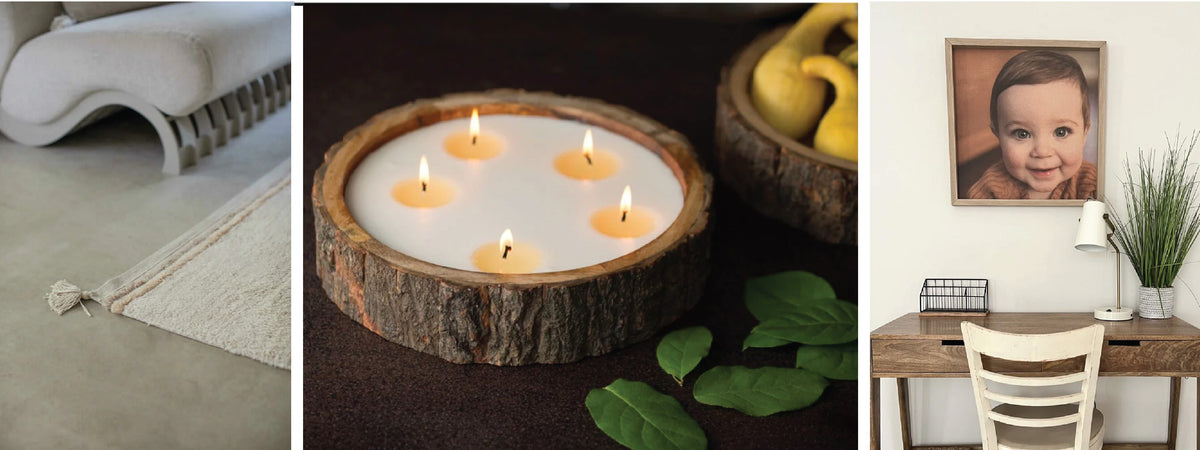 three piece image of a rug, a candle and a photo frame
