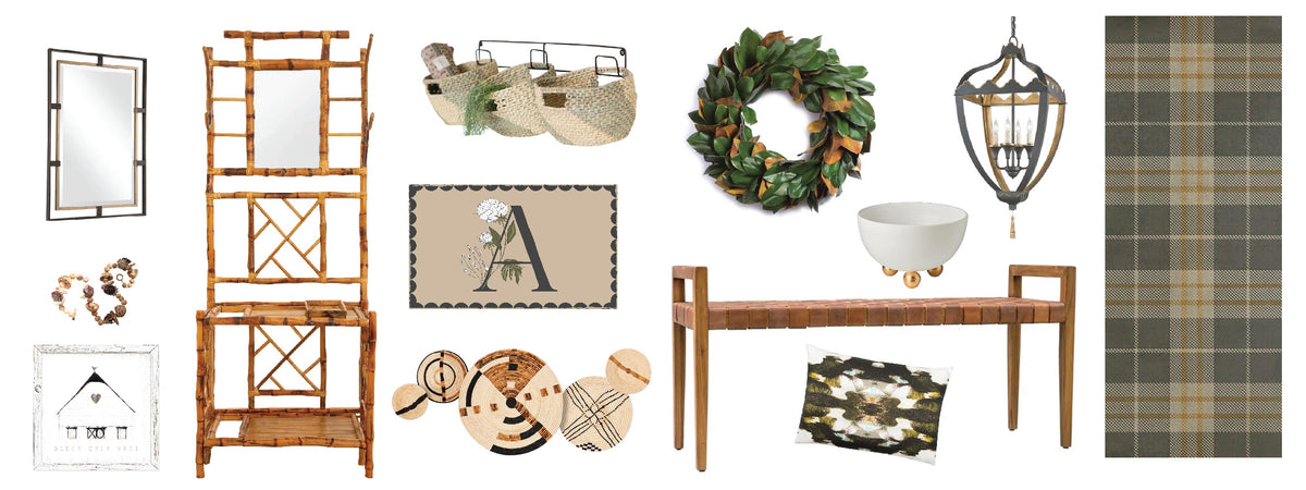 Assorted home decor items, including a mirror, shelves, bags, wreath, lantern, console table, rug, and various wall art.