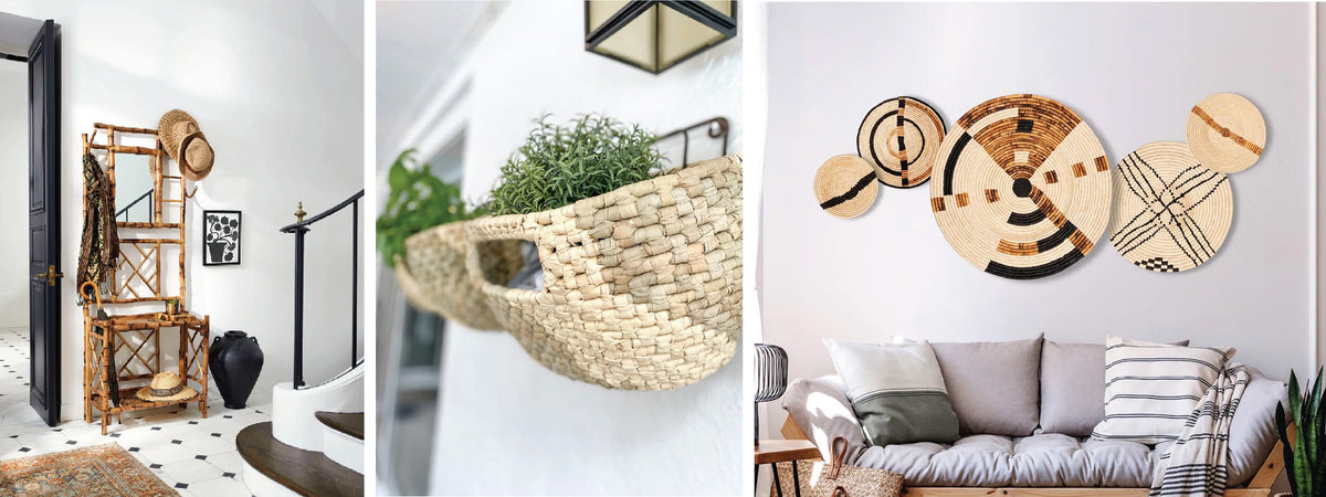 A boho-styled hallway with a plant stand, a woven hanging basket, and a modern living room with woven wall art above a sofa.
