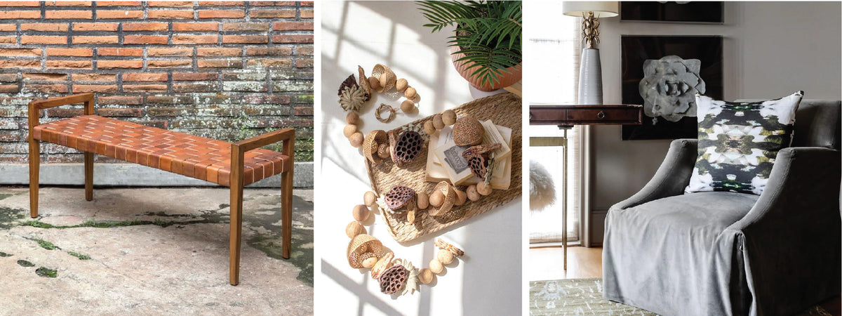 A bench with a woven seat, decorative items on a mat, and a cozy armchair with a cushion in a stylish living room.