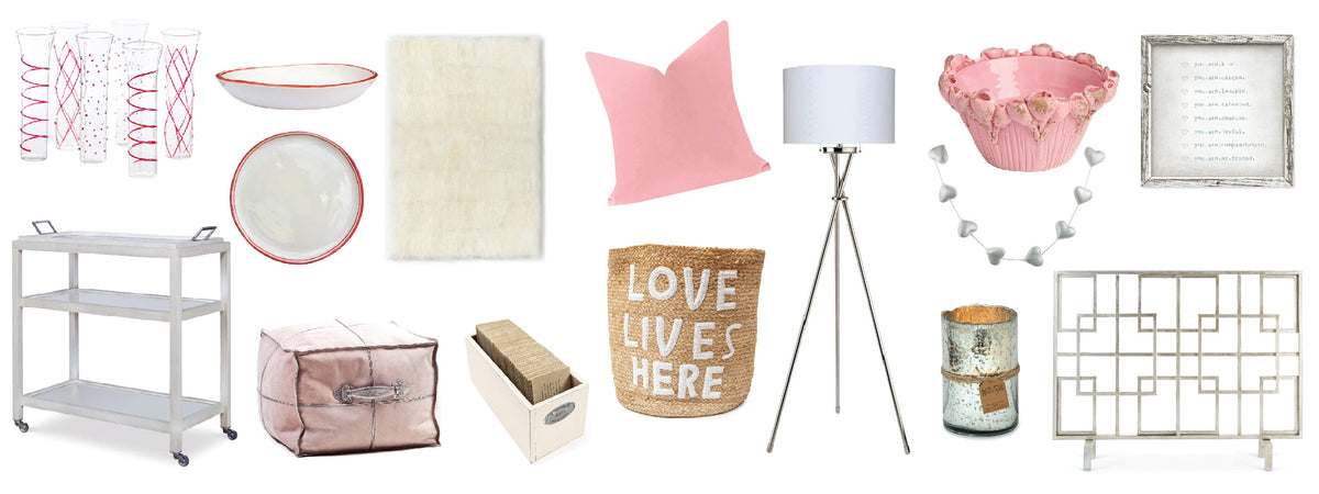 Collage of home decor items: vases, bowls, rug, pillows, lamp, wall art, cart, pouf, storage box, jute basket, candle.