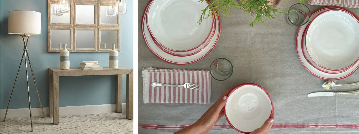 Left: Modern room with a floor lamp and console table. Right: Hand setting a dining table with red and white dishes.