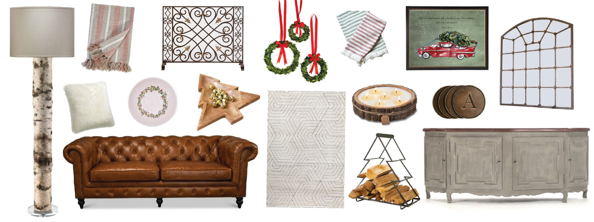A collage of home decor items: lamp, blankets, wall decor, couch, pillows, rug, cabinet, wreaths, plates, and wood holder.