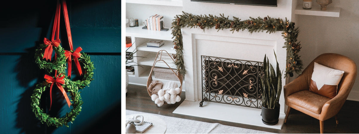 Left: Two wreaths with red bows hanging on a door. Right: Festive garland on a mantel above a fireplace.