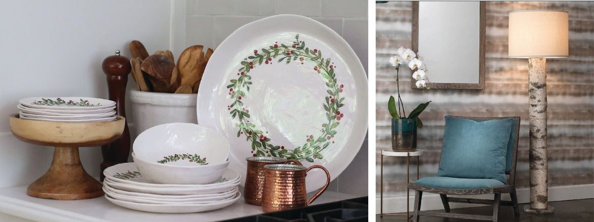 A kitchen shelf with ceramic dishes next to a room corner with a floor lamp, chair, and small tabletop orchid.