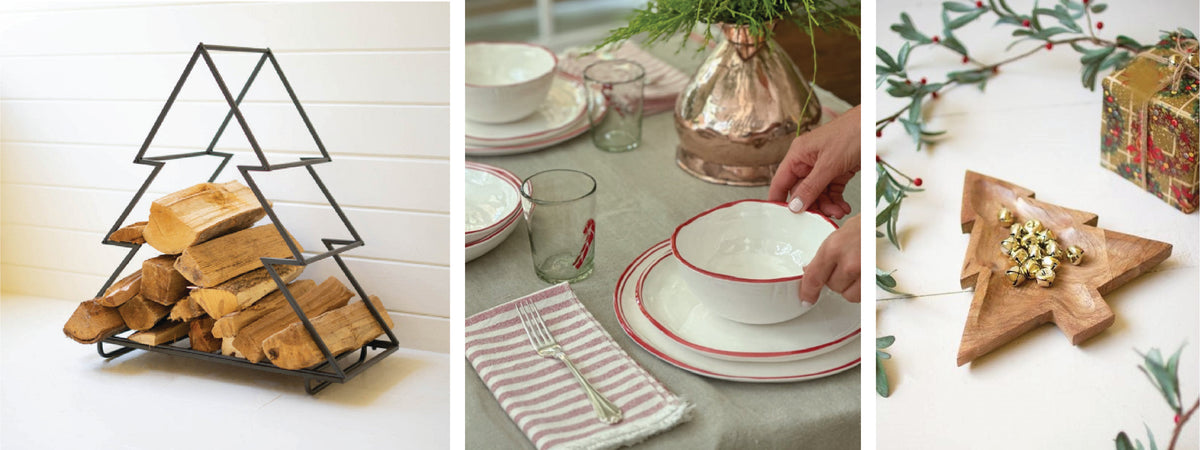 Christmas decor: firewood in a tree-shaped holder, table set with festive dishes, and a tree-shaped tray with jingle bells.