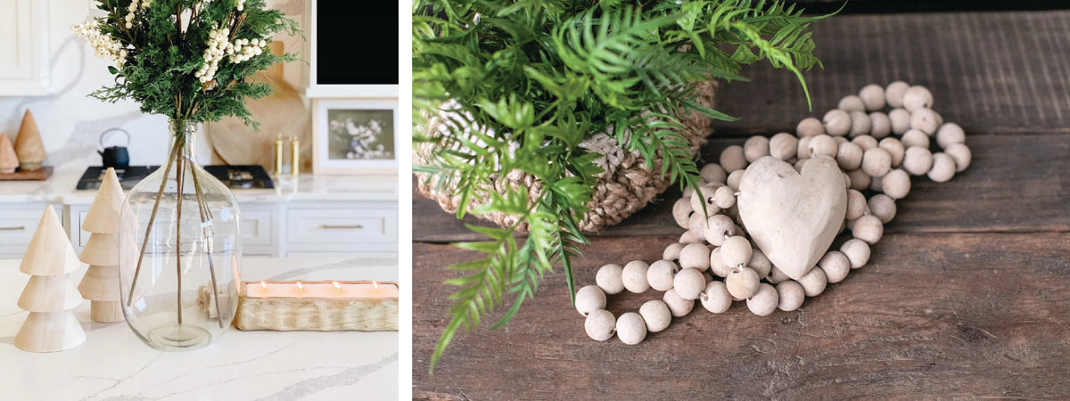 Two product photos: A driftwood tray candle on a white marble countertop and wooden prayer beads with a carved heart pendant.
