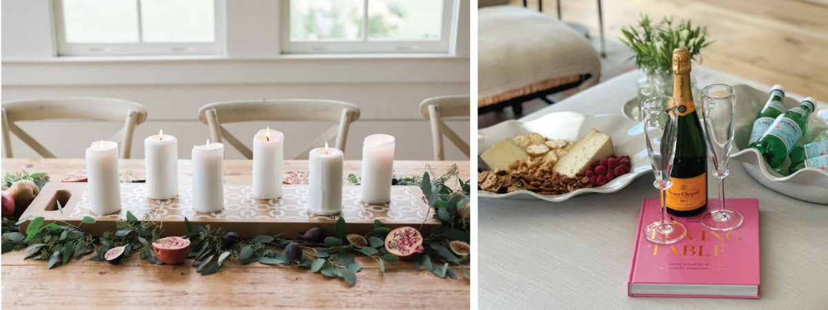 a long wooden board with candles on a table, and two wavy bowls filled with water bottles and snacks