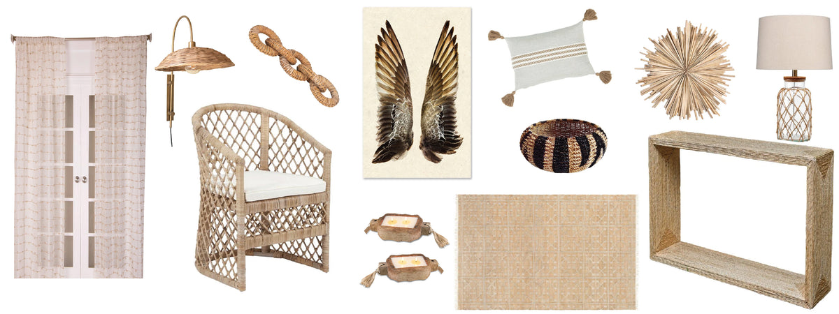 Collection of beach-themed home decor items, including a chair, curtains, wall art, rug, pillow, and table.