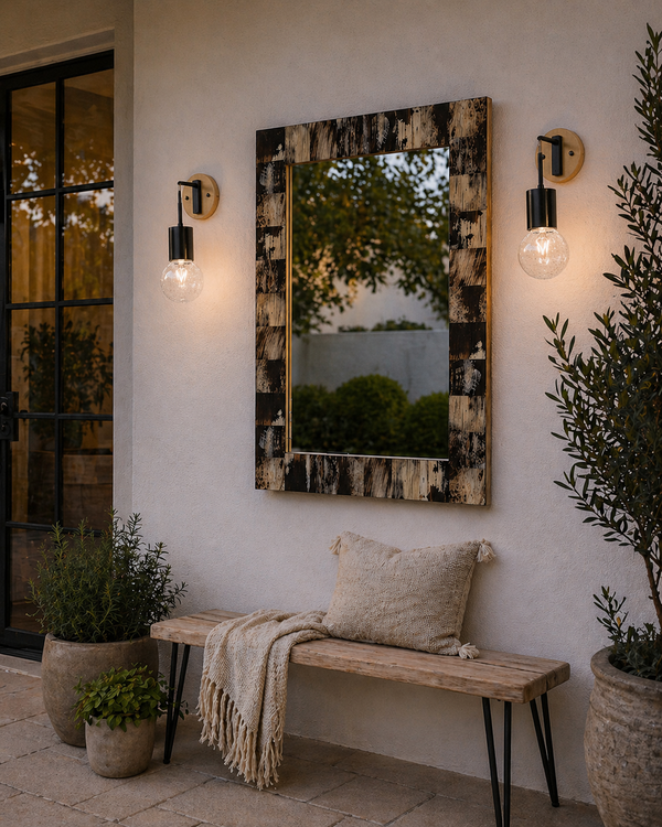 Rustic bench with cushion under a distressed mirror, flanked by Jamie Young Strada Bronze Sconces and potted plants.