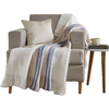 Cozy armchair with India's Heritage Ivy Striped Mohair Throw, pillow, glasses, a book; table holds a mug and more books.