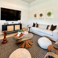 knotted rattan round cocktail table natural finish glass top living room