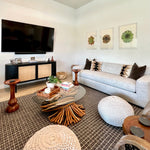 knotted rattan round cocktail table natural finish glass top living room